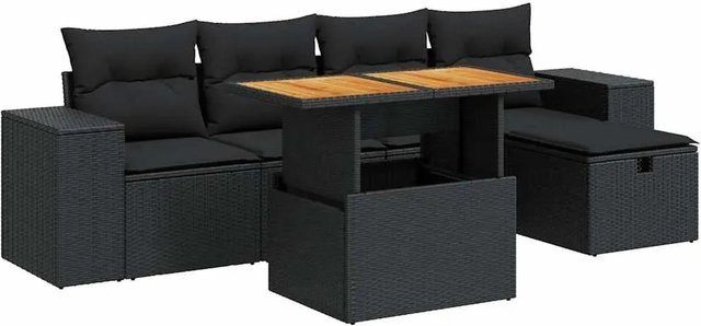 vidaXL 6-teilige Garten-Sofagarnitur aus Poly-Rattan und Akazienholz in Schwarz mit Kissen - Bild 1