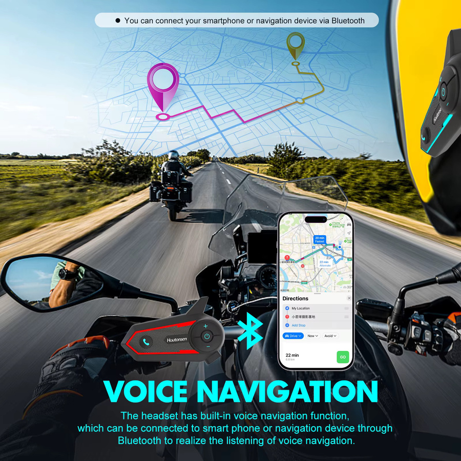 Houtonsen S6 Motorrad Helm Bluetooth Intercom Headset mit RGB Umgebungslicht, wasserdicht, Schwarz/Mehrfarbig - Bild 4