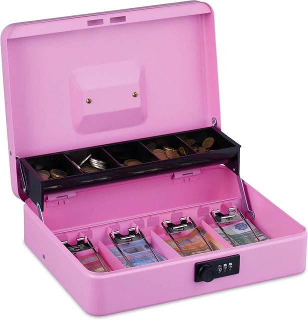 Relaxdays Geldkassette aus Eisen mit Zahlenkombination in Pink, B/T/H: 30,5 x 24,5 x 8,5 cm - Bild 1