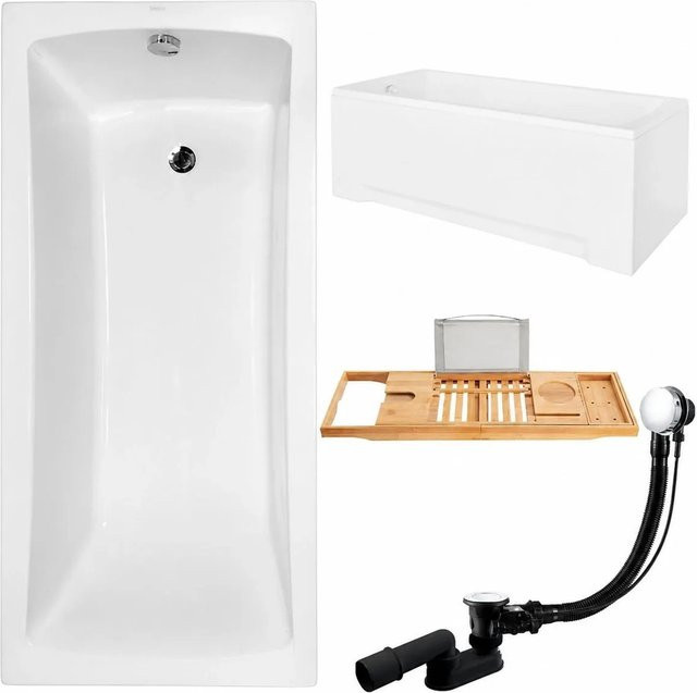 KOLMAN Badewanne rechteckig in Weiß mit Acrylschürze, Bambus-Badewannenablage, Ablauf und Füßen, B/T: 160 x 70 cm - Bild 1