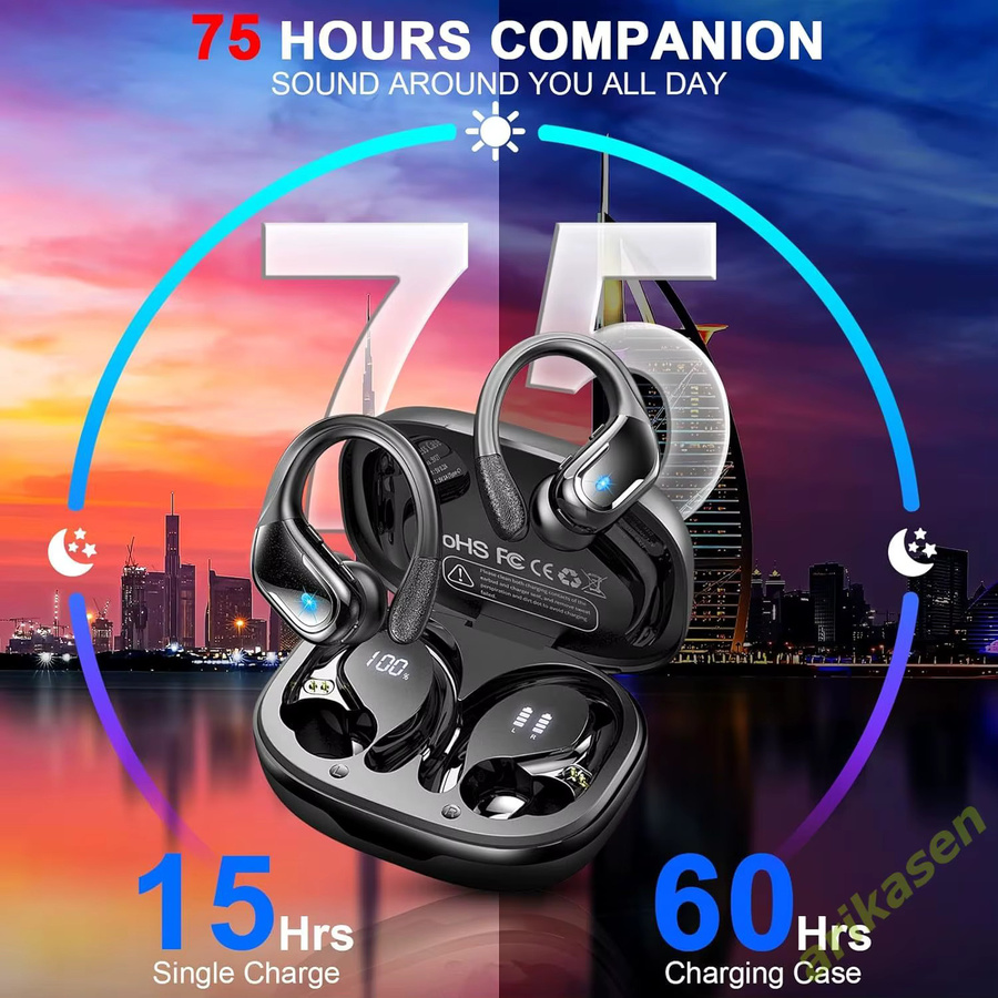 Arikasen Bluetooth 5.3 Kopfhörer in Schwarz mit 75 Stunden Akkulaufzeit, IP7 wasserdicht und ENC-Geräuschunterdrückung für Sport und Fitness - Bild 2