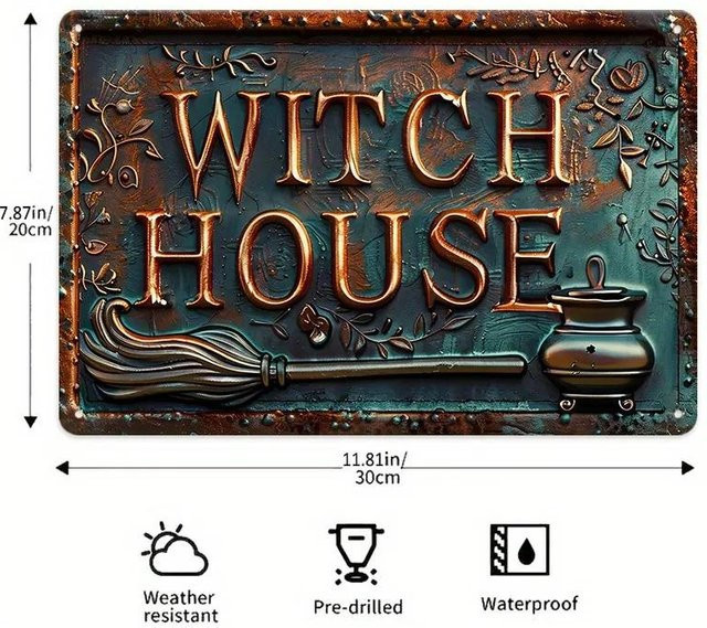 ZX ART Vintage Hexenhaus Blechschild als rustikale Halloween-Metalldekoration, B: 30 cm, H: 20 cm, Multicolor - Bild 1
