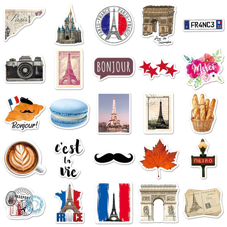 50 Stück Frankreich Reisejournal-Aufkleber mit Paris Sehenswürdigkeiten, wasserfeste Vinyl-Sticker in Multicolour für Laptop, Thermosbecher und Gepäck - Bild 2