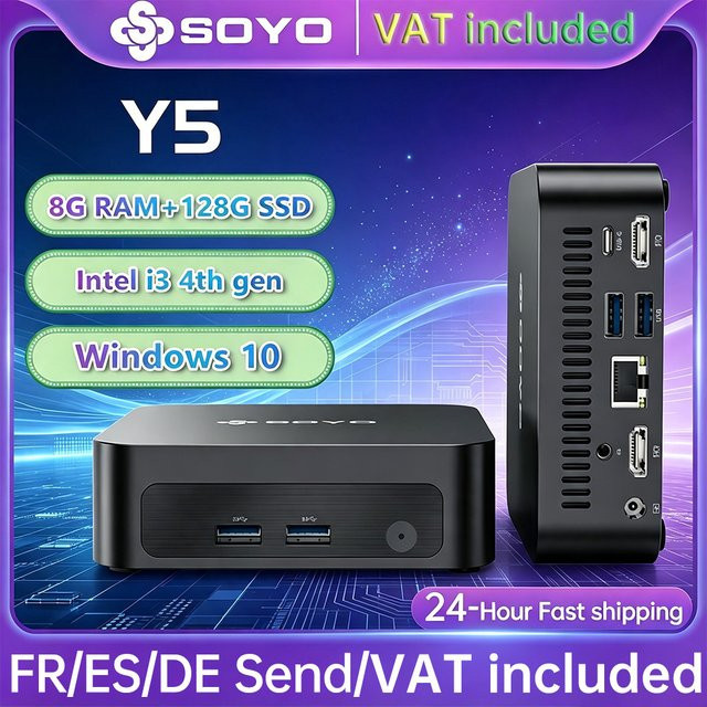 SOYO Mini-PC Y5 Desktop-Computer mit Intel Core i3 Prozessor, 8 GB RAM, 128 GB SSD, Windows 10, 4K-Ausgabe, WLAN, Bluetooth, USB-C und Ethernet in Schwarz - Bild 1
