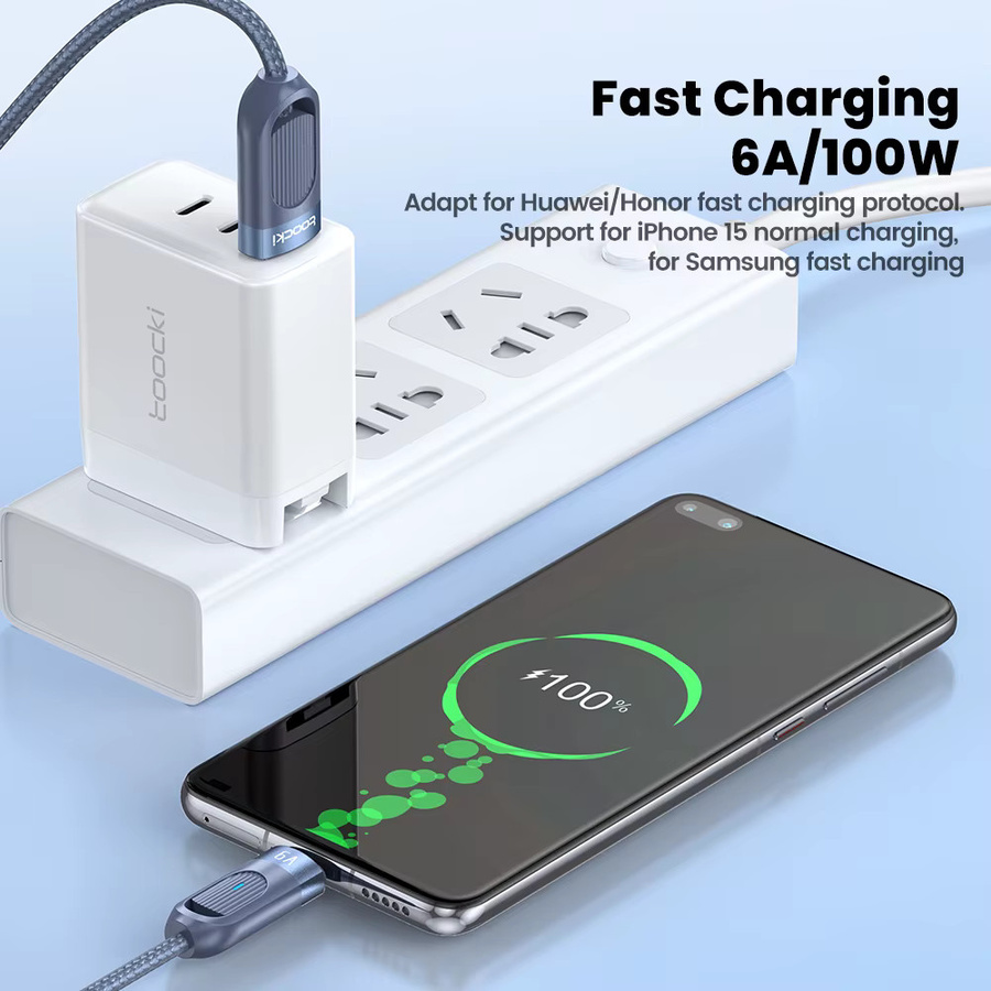 Toocki USB-C Schnellladekabel 6A mit Teleskop-Federfunktion in Blau für Samsung S23, Xiaomi 12 und Redmi - Bild 3