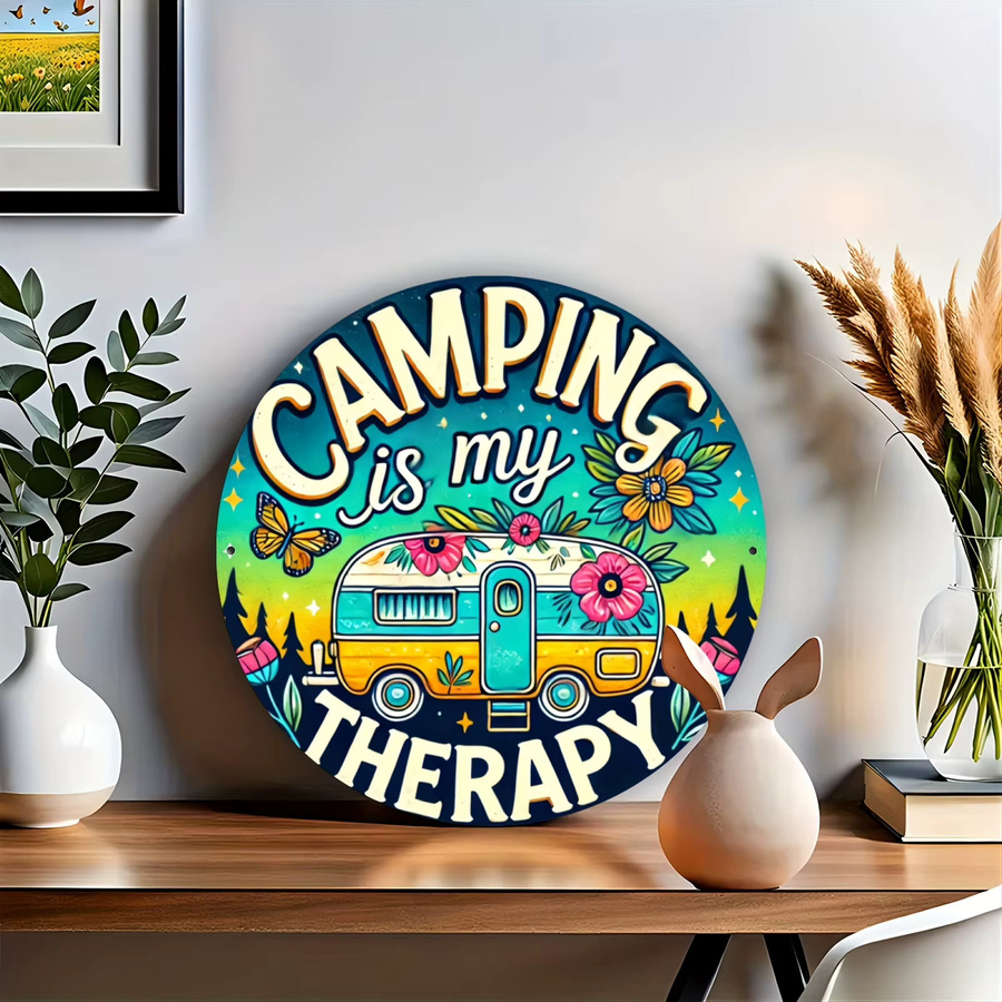 Potdemiel Aluminium-Wandkunst Camping is My Relax im Vintage-Stil, runde Metall-Dekoration mit Naturdesign, Durchmesser: 19,81 cm, Mehrfarbig - Bild 3