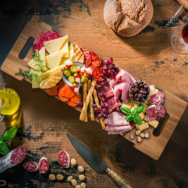 KEMORELA Charcuterie-Brett aus Akazienholz in Braun mit Griffen und klappbaren Beinen, rechteckiges Käseserviertablett und Vorspeisenteller - Bild 1
