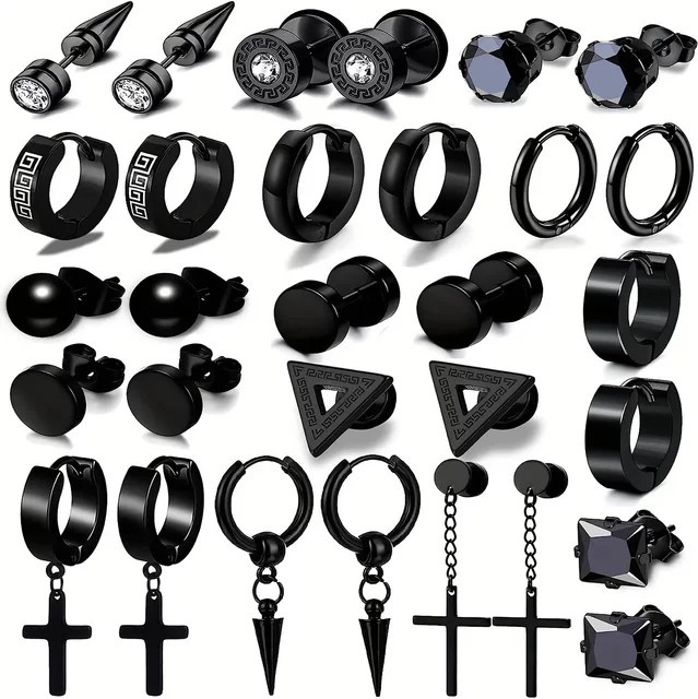 YIXI Ohrring-Set, Ohrstecker und Creolen, Edelstahl, Schwarz, Herren - Bild 1