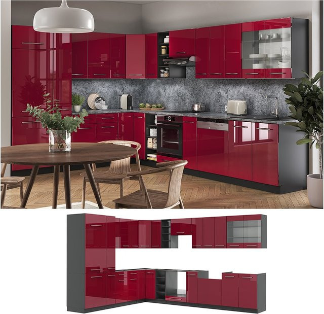 Vicco Fame-Line Eckküche in Bordeaux Hochglanz und Anthrazit, B/T/H: 347 x 257 x 82 cm - Bild 1