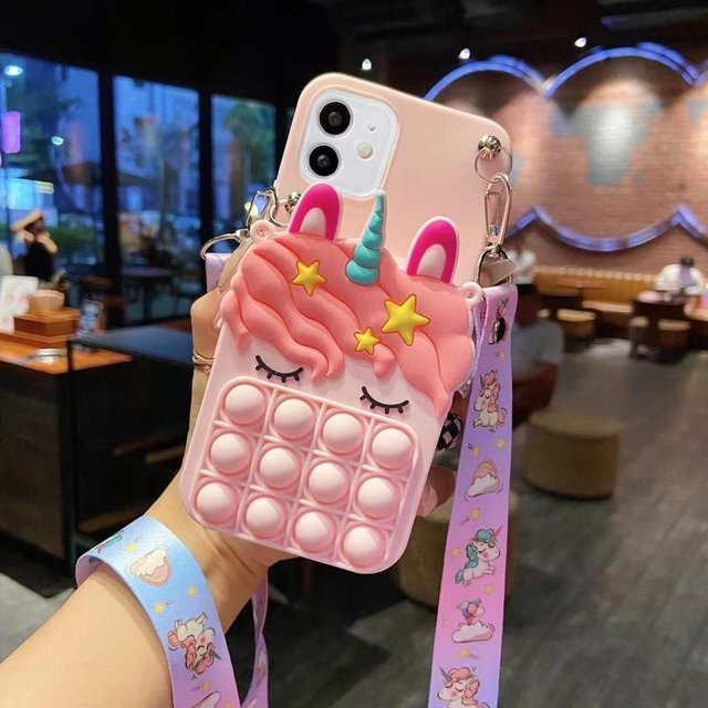 Binchi Health Electronics 3D Cartoon Einhorn Handyhülle mit Reißverschluss Geldbörse und Lanyard Riemen in Pink für iPhone 8 7 6 6s Plus X XR XS Max SE 2022 - Bild 1
