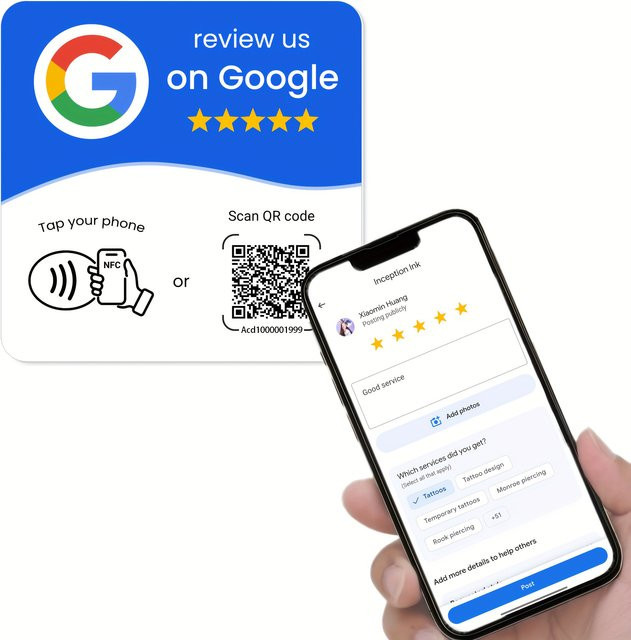 HACHANLUN Programmierbare NFC 215 Stationstisch Karte für Google Reviews und QR-Codes, stehende Markenhalterung, Weiß und Blau - Bild 1