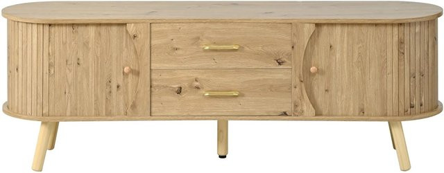 okwish TV Board in Natur mit Rillenoptik, Schiebetüren und Schubladen aus MDF und Massivholz, B/T/H: 160 x 36,5 x 55 cm - Bild 1