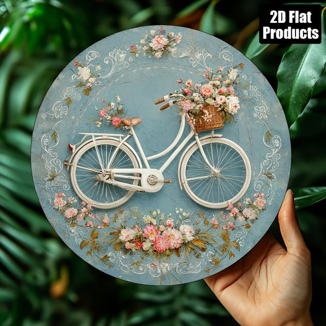 Rundes Vintage Metallschild CIFBUY mit Blumenmuster und Fahrrad-Motiv in Blau, Durchmesser: 20,32 cm - Bild 1