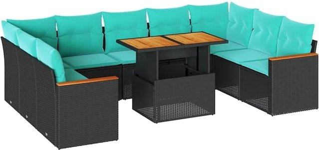 vidaXL 10-teilige Garten-Sofagarnitur aus Poly-Rattan und Akazienholz in Schwarz mit Kissen - Bild 1