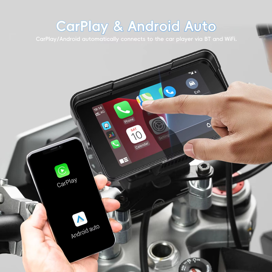 Podofo 5-Zoll Motorrad-Monitor mit kabellosem CarPlay und Android Auto, IP68 wasserdicht, GPS und Bluetooth, Farbe: Schwarz - Bild 2