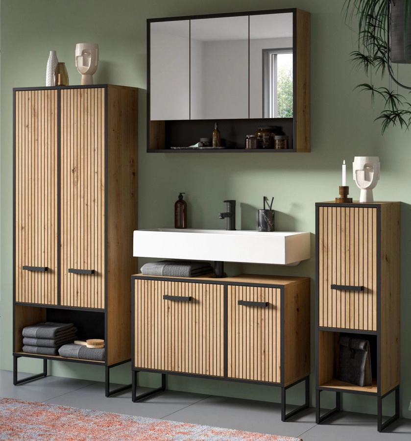 4-teiliges Badmöbel Set Scana in Eiche matt mit Waschtischunterschrank, Spiegelschrank, Hochschrank und Seitenschrank, Breite: 199 cm, Höhe: 192 cm - Bild 1