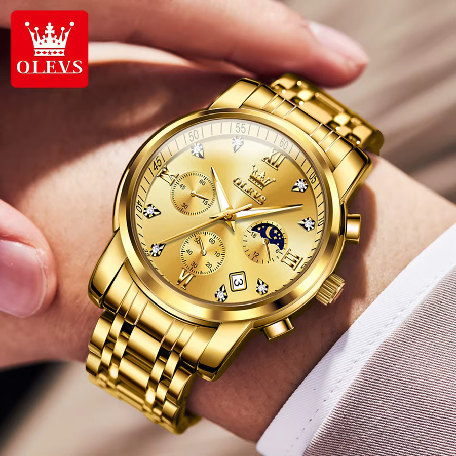 OLEVS Chronograph Armbanduhr, Quarz, Edelstahl, Gold, Herren - Bild 3