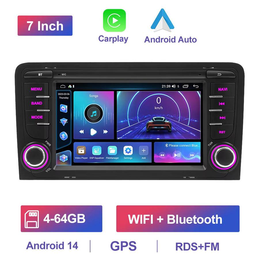 GEARELEC Android 14 Autoradio für Audi A3 2003-2012 mit 7 Zoll Display, kabelloses CarPlay, Android Auto, GPS und Bluetooth in Schwarz - Bild 6