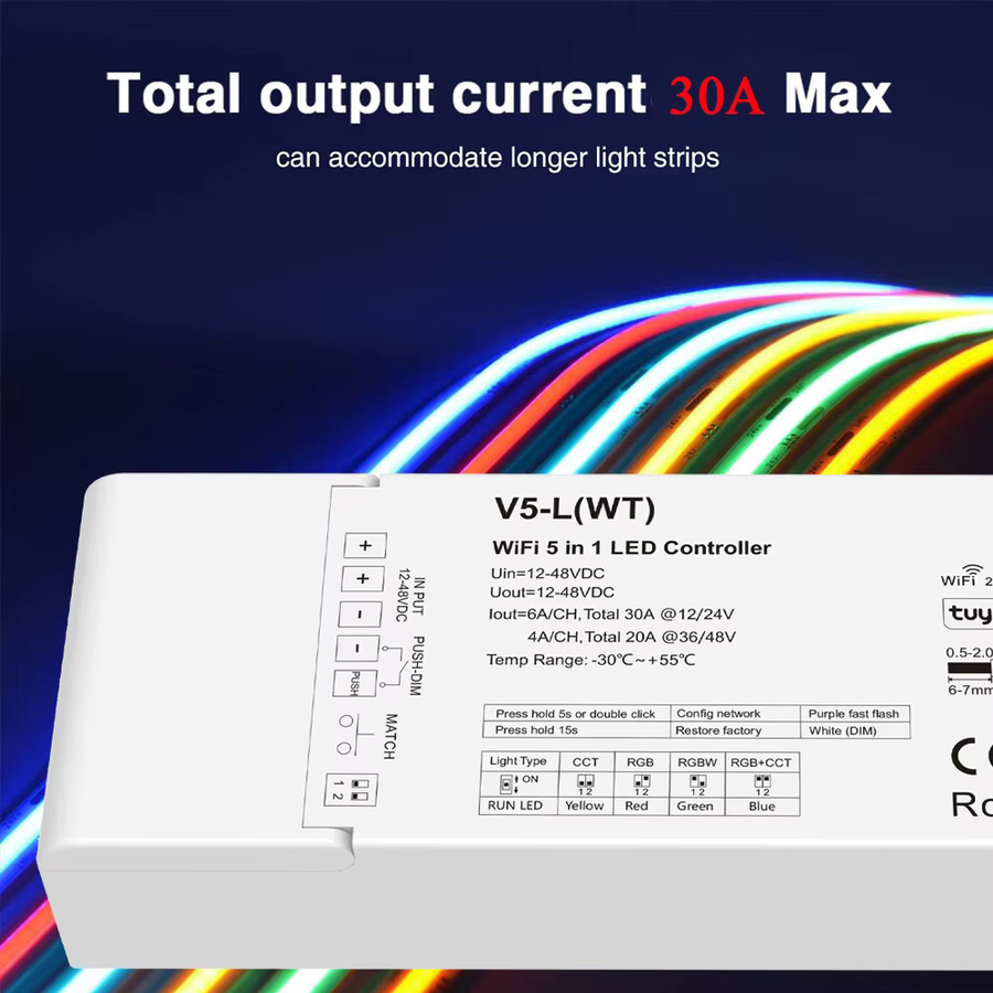CENFAYA 5in1 WiFi LED Controller mit Tuya App Sprachsteuerung und Musikmodus, DC 12V 24V 36V 48V 30A Dimmer mit AC Druckschalter, Farbe Weiß - Bild 2