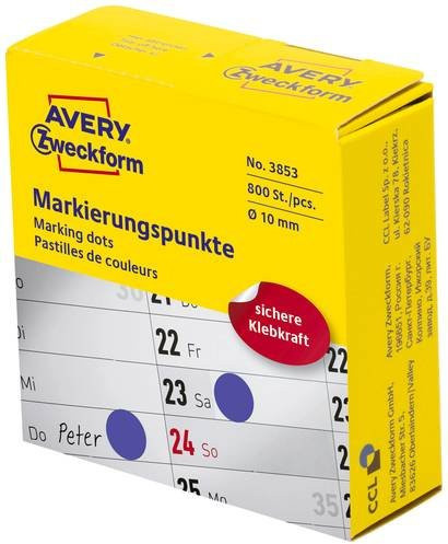 Avery Zweckform 3853 Markierungspunkte Etiketten Blau Ø 10mm Permanent haftend aus Papier 800 Stück - Bild 1