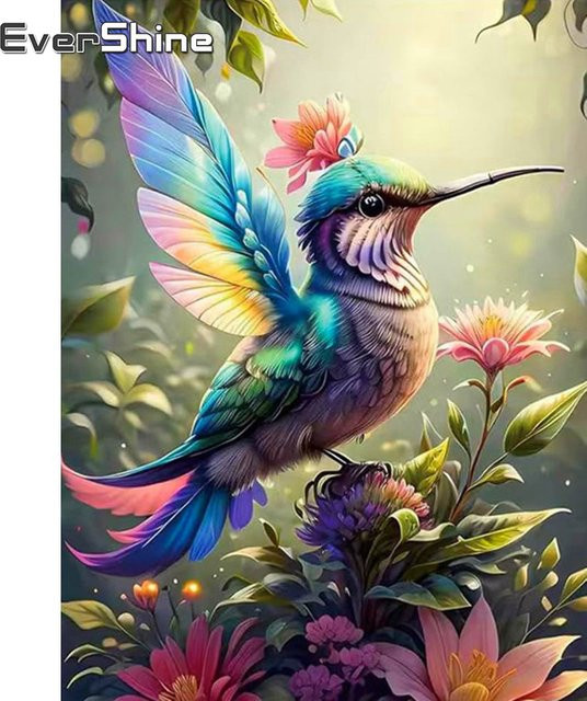 Evershine Diamant-Stickerei Set mit floralem Vogel Motiv in Multicolour, quadratische Mosaik-Malerei mit vollen Bohrern, B/H: 20 x 30 cm - Bild 1
