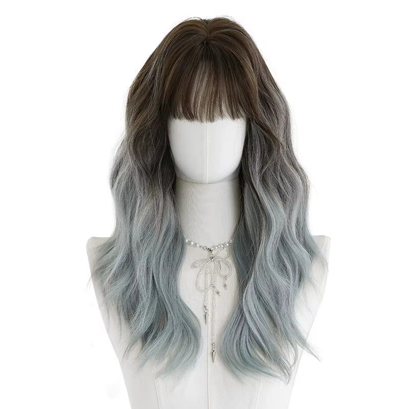 7JHH WIGS Perücke, schulterlange Wasserwellen, Braun-Ombre-Blau, Damen - Bild 5