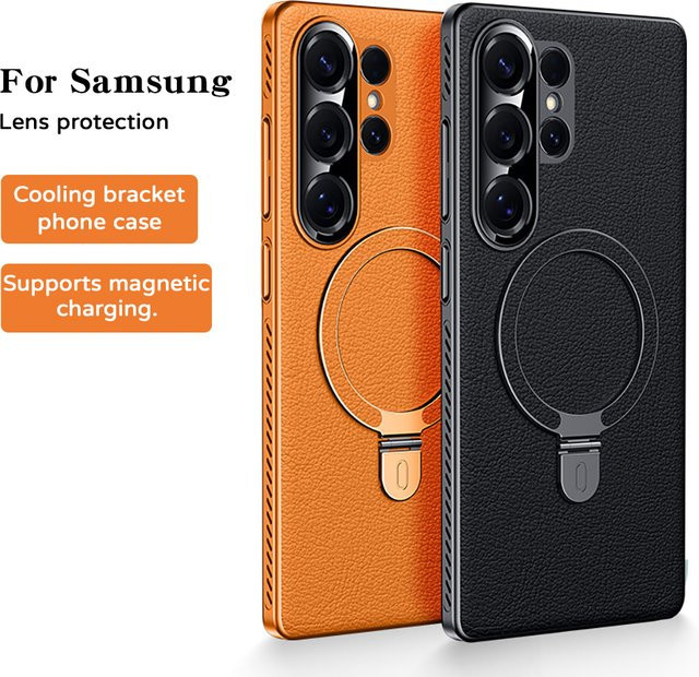 Samsung Magnetische Vegan Leder Handyhülle mit 360 Grad drehbarer Standfunktion und Wärmeableitung für Galaxy S24 Ultra S25 Ultra S26 Ultra in Grau - Bild 1