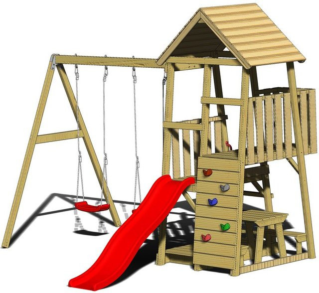 Wendi Toys Kinderspielturm Flamingo aus Holz mit Rutsche, Kletterwand, Sitzecke und 2 Schaukeln, Farbe: natur/braun/rot, B/H/T: 340 x 270 x 340 cm - Bild 4