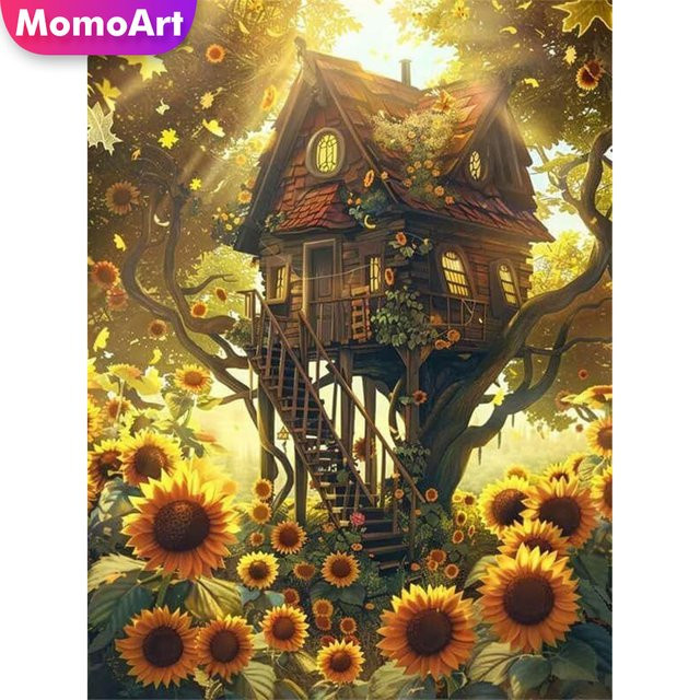 Momoart Diamantstickerei DIY Set Haus und Baum Landschaft mit Sonnenblumen in Multicolour, B/H: 20 x 30 cm - Bild 1