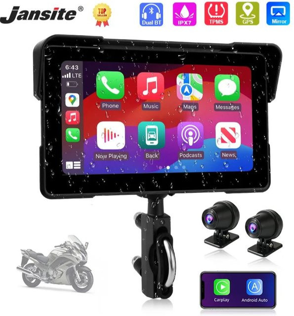Jansite 7 Zoll Motorrad DVR Navigation mit GPS, 2K HD Bildschirm, Wireless CarPlay und Android Auto, Schwarz - Bild 1
