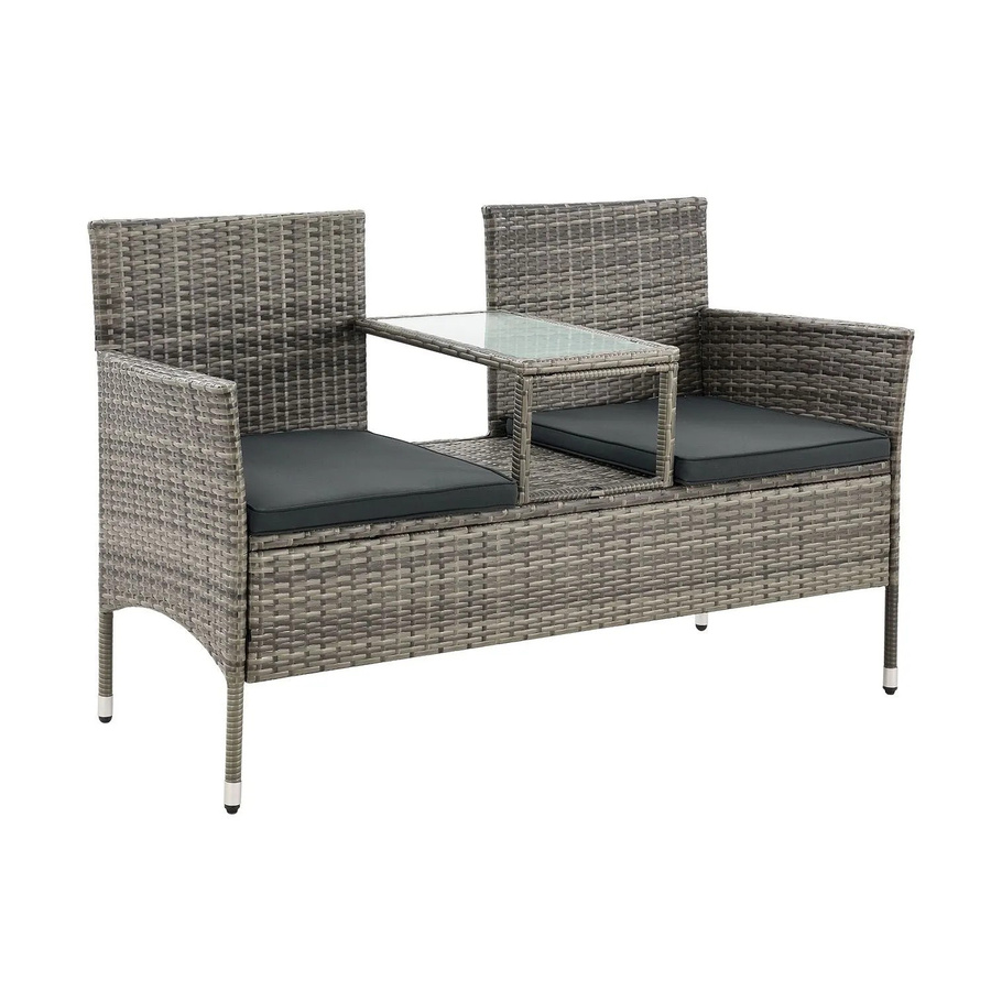 Juskys Polyrattan Gartenbank Monaco 2-Sitzer mit Tisch und Kissen, grau-meliert, B/T/H: 133 x 63 x 84 cm - Bild 3