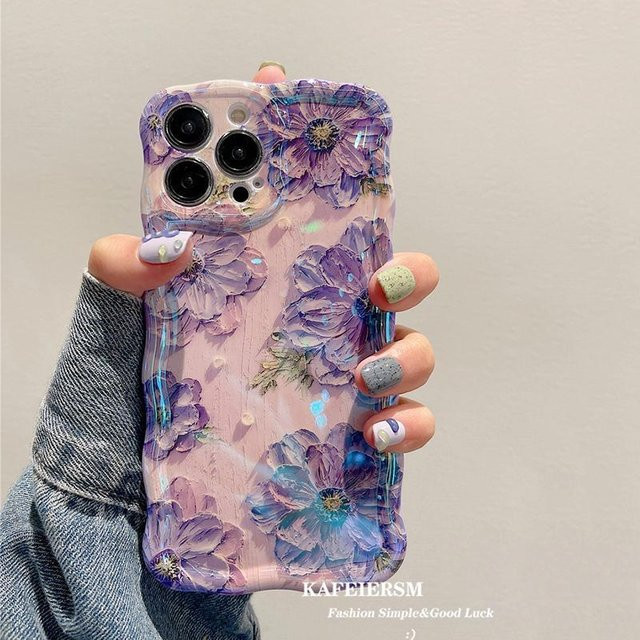 Yiran Handyhülle mit blauem Laser-Blumenmuster für iPhone 16 Pro Max, 15, 14, 13, 12, 11 Plus in Blau und Multicolour, Stoßfeste Retro Silikonhülle - Bild 1