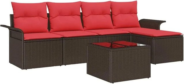 vidaXL Gartenmöbel-Set aus Poly-Rattan in Braun mit 6 Kissen, L-Form Sofa, Ottoman und Couchtisch mit Glasplatte - Bild 1
