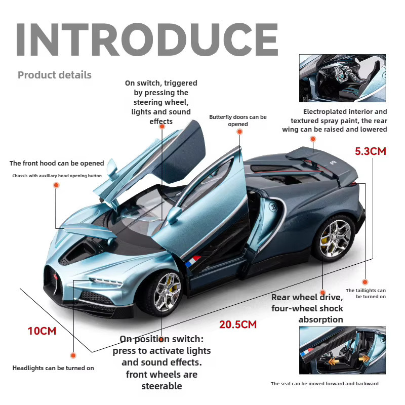 Tourbillon Supercar, Modellauto, 1:24, Metall, mit Licht und Sound, Blau - Bild 2