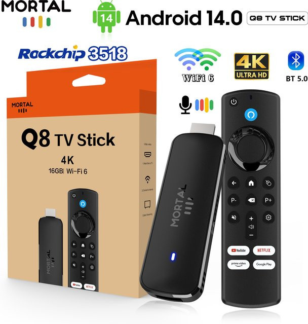 Janmifly Q8 4K HD TV-Stick mit Android 14.0, RK3518 Quad-Core, Dual-Band WLAN 2,4G/5,8G, Bluetooth 5.0 und Sprachsteuerung, Schwarz - Bild 1