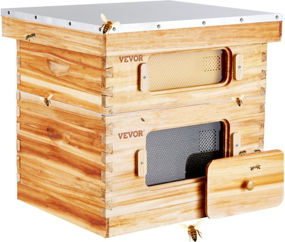 VEVOR Bienenstock Set Langstroth mit 20 Rahmen aus Tannenholz, 1 tiefer und 1 mittlerer Bienenkasten, mit transparenten Acrylfenstern und Bienenwachs beschichteten Waben in der Farbe Natur - Bild 2