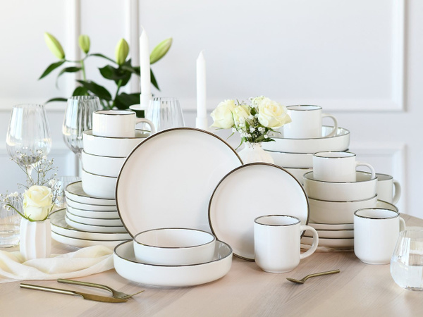 creaTable Kombiservice Nordic Festive aus Steinzeug, 30-teilig, Creme
