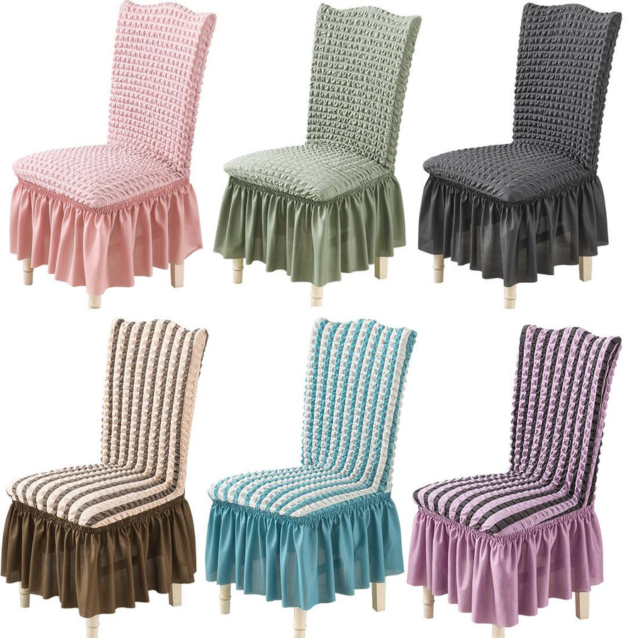 Universal-Stretch-Esszimmerstuhlbezug aus Seersucker mit Schößchen in Beige, abnehmbarer Polyester-Bezug für Parsons-Stühle - Bild 4
