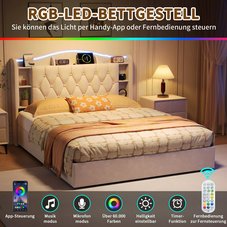 Superaly LED-Doppelbett mit Stauraum und USB-Anschluss, gepolstertes hydraulisches Bett aus Samt in Beige, B/T: 140 x 190 cm - Bild 2