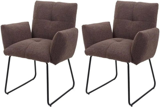 2er-Set MCW Esszimmerstuhl K34 mit Armlehnen aus braunem Bouclé Stoff und Metall im Lounge-Stil - Bild 2