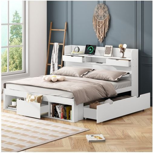 MUVOE Doppelbett mit USB-Anschluss und Stauraum durch Schubladen, Weiß, B/T: 140 x 190 cm - Bild 1