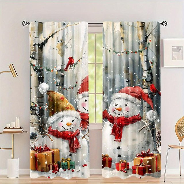 2er-Set Weihnachts-Vorhänge mit Schneemann-Motiv in Rot und Weiß, halbtransparent, Polyester, Breite: 50 cm, Höhe: 50 cm - Bild 1