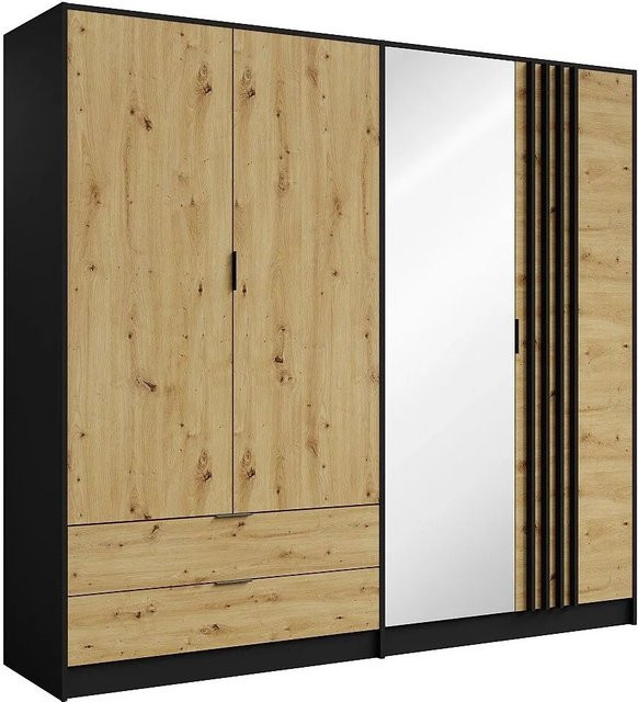Tunalo Kleiderschrank in Schwarz und Naturfarben Hell mit integrierten Schubladen und Spiegel, B/T/H: 220,5 x 54,0 x 203,0 cm - Bild 1