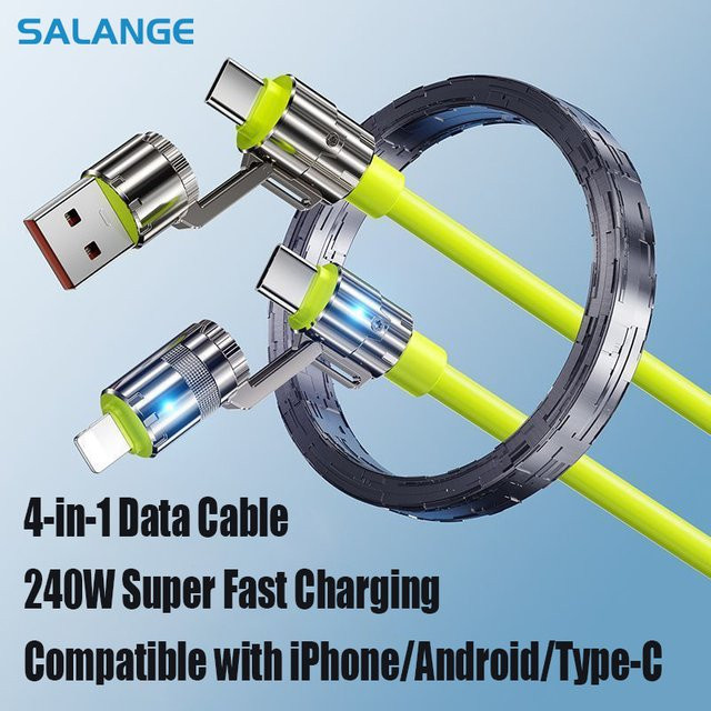Salange 4-in-1 Superschnelllade-Datenkabel mit 240 W, Dual Typ C, Lightning und USB-Anschlüssen, Farbe: Grau - Bild 1