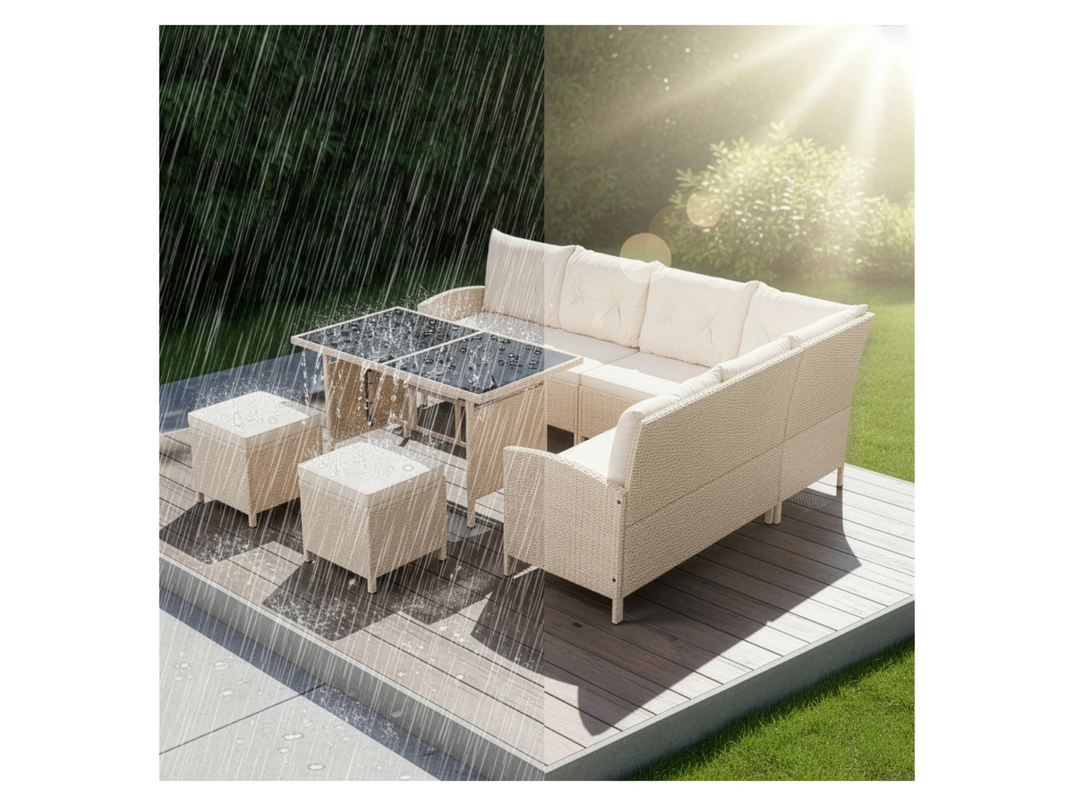 Juskys Gartenlounge Manacor Polyrattan Set für 8 Personen in Creme mit Sandfarbenen Sitzbezügen - Bild 3