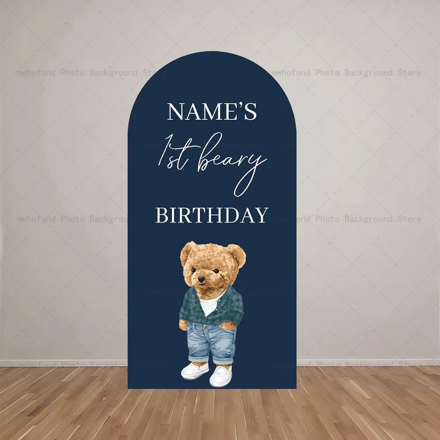 Mehofond Bogen-Hintergrund mit Teddybär und individuellem Namen in Blau für Kindergeburtstage und Studio-Fotografie - Bild 1