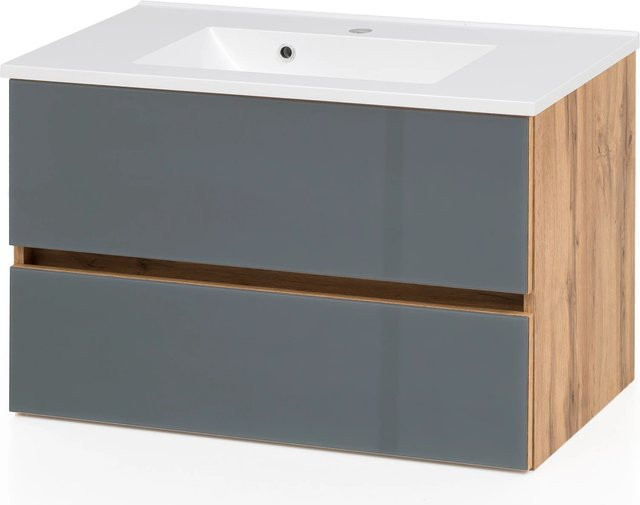 Waschtisch Held Möbel Pisa in Grau-Wotaneiche mit Mineralguss und Glas, Breite: 80 cm, Tiefe: 47 cm, Höhe: 54 cm - Bild 1