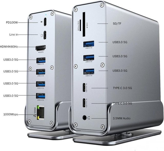 Meiteai 15-in-1 Typ-C Dockingstation HUB in Silber mit 4K@60Hz HDMI, DisplayPort, USB-A, RJ45, SD, TF und 3,5mm Audio Anschlussadapter für Macbook Pro, Laptop und PC - Bild 1