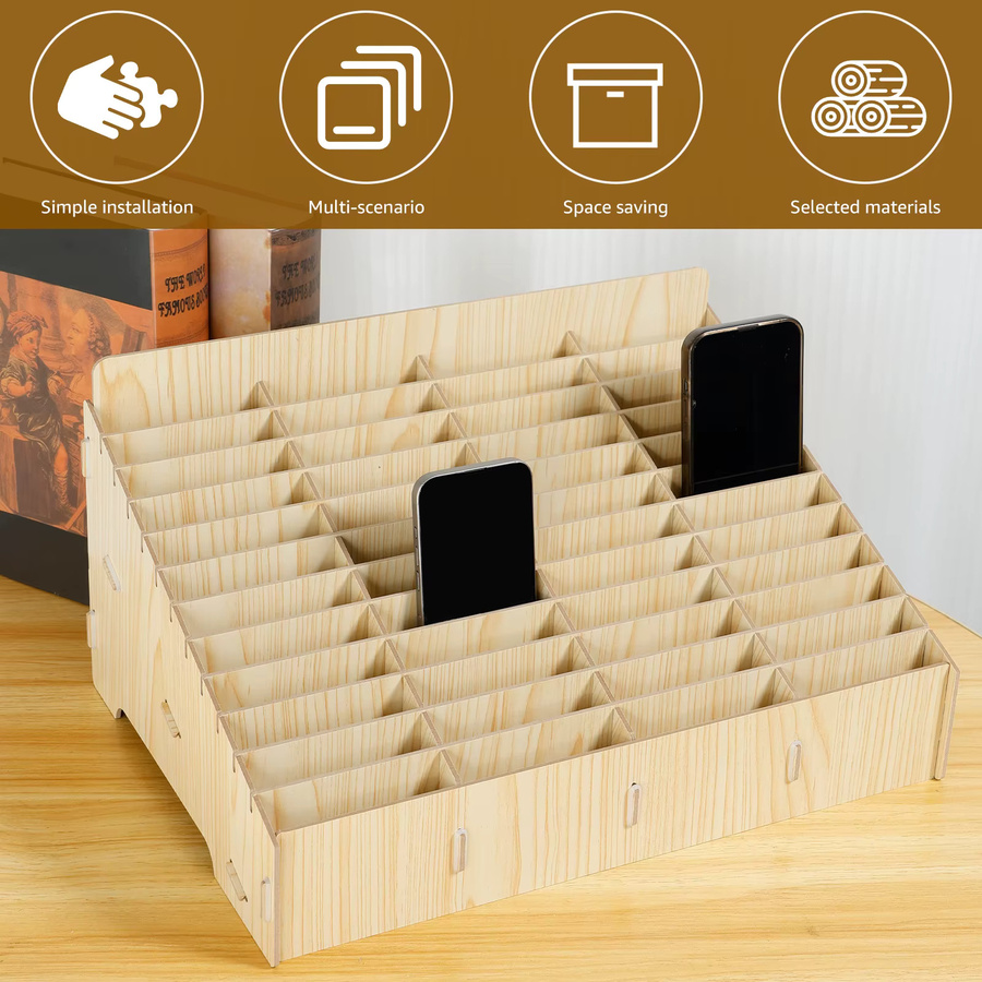 Multifunktionale Handy-Aufbewahrungsbox aus Holz mit 12/48 Gitterfächern als Desktop-Organizer für das Büro oder das Klassenzimmer - Bild 2