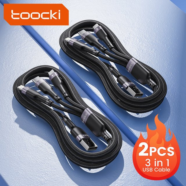 Toocki 3-in-1 Schnellladekabel mit USB-C und Micro-USB für iPhone, Huawei, Xiaomi und Oppo, 66W, 6A, Schwarz/Grau - Bild 1